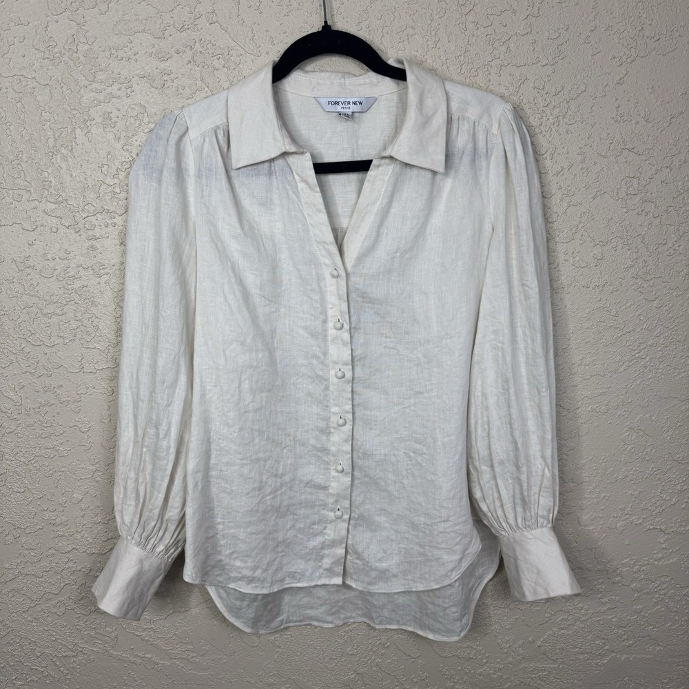 Women's 100% Linen Button Front Blouse Size P8 White Bishop Sleeve Capsule Work